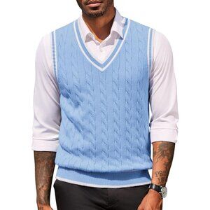 Coofandy Men Light Blue Fitted V Neck Sleeveless Knitted Pullovers Sweater Vest